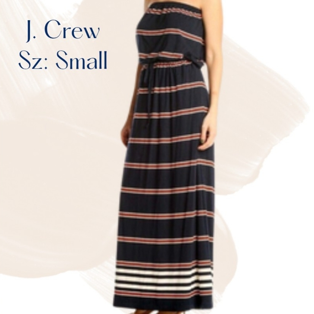 J.Crew Strapless Striped Maxi Dress | Navy White Orange‎ | Size Small EUC